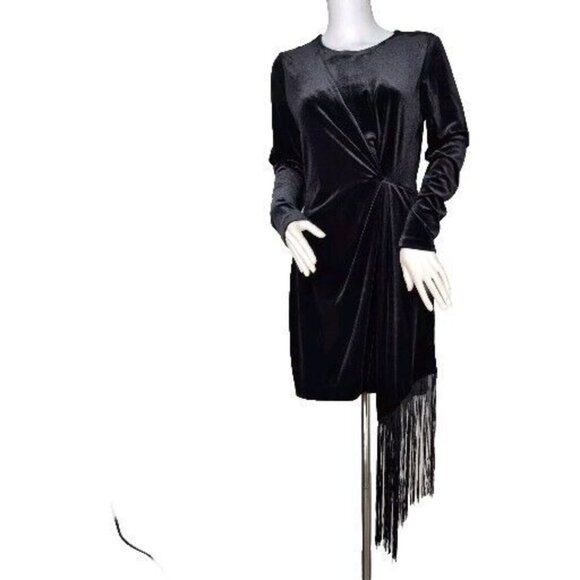 Badgley Mischka Size 2  Black Crepe Fringe Dress Harley Party Cocktail Velvet (1 - Picture 2 of 9